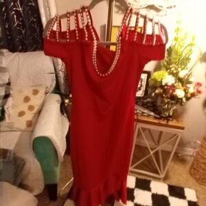 Chic Me  Red  Pearled Strapped Shoulder 1/2 Sleeve Midi Cocktail Evening Dress